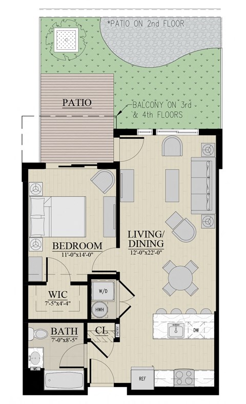 Floor plan for 1 bed, 1 bath, 725 sqft